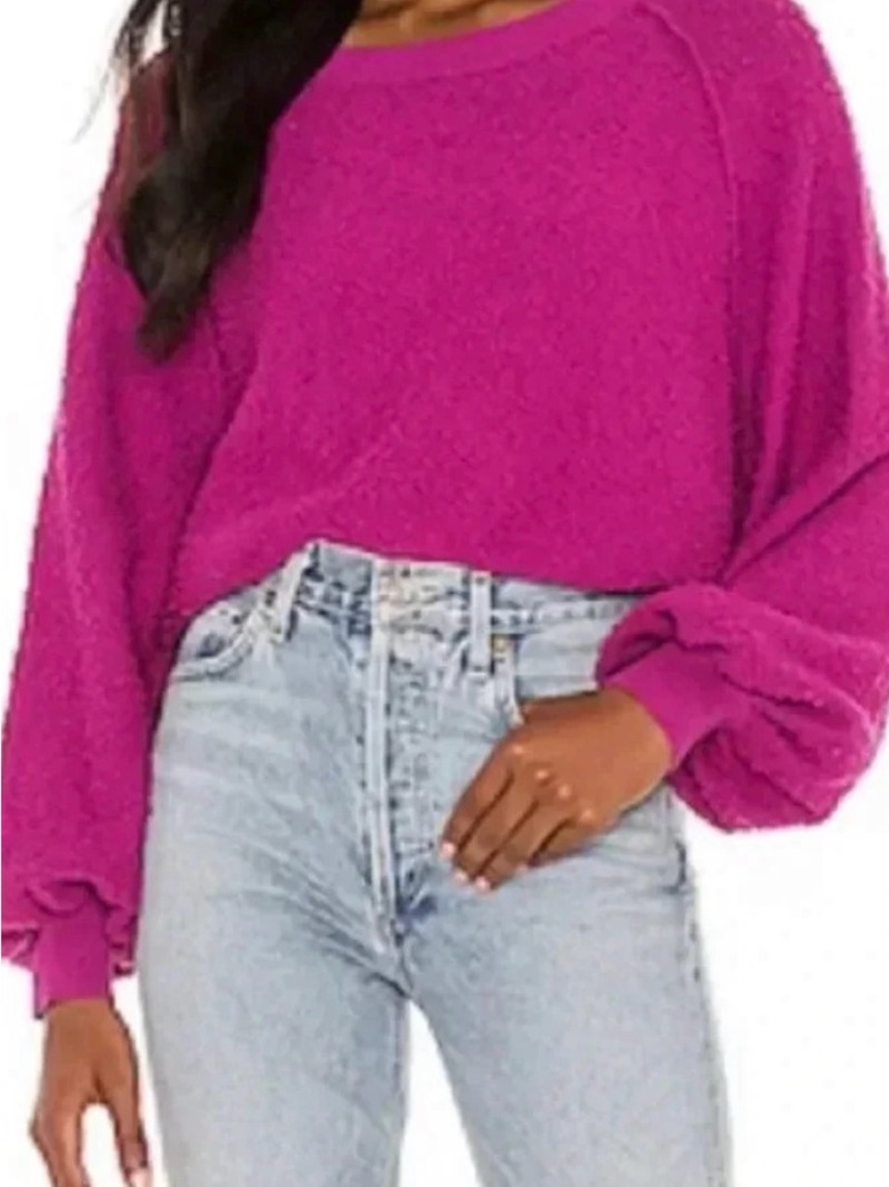 Free People Magenta Balloon-Sleeve Crewneck Sweater